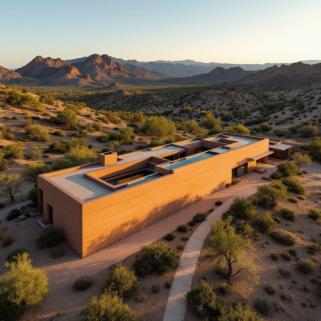 Aerial view of a rammed earth estate
