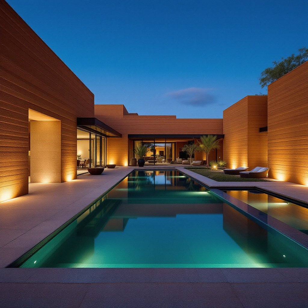 Luxury rammed earth estate with stratified earthen walls and courtyard pool at dusk