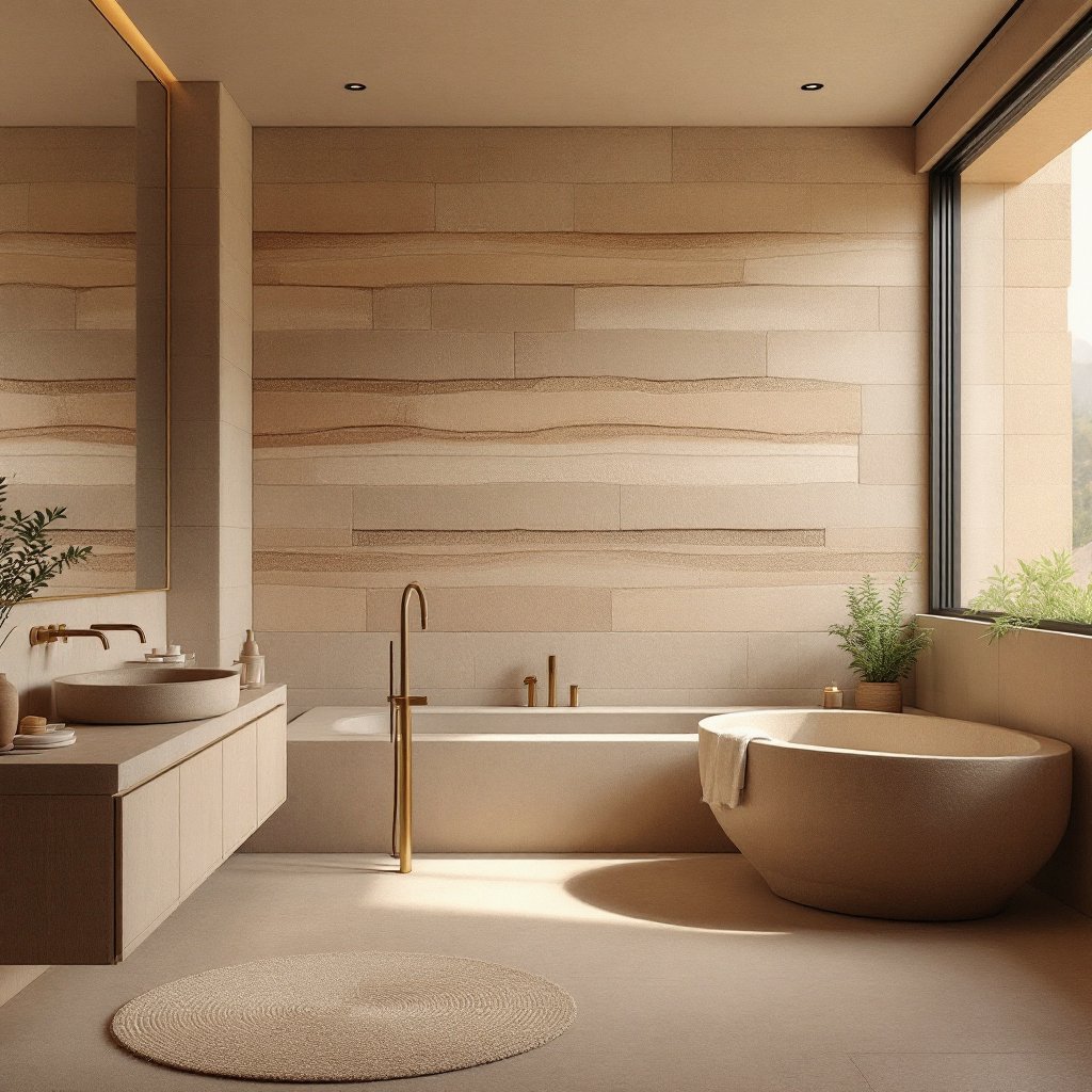 Luxury bathroom with stratified rammed earth wall and stone tub