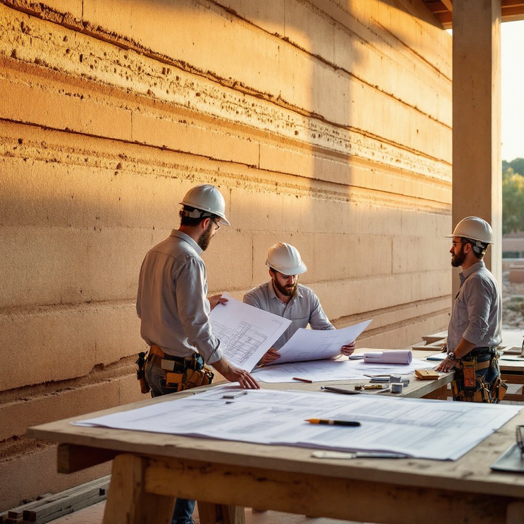 Bighorn team at work by a rammed earth wall